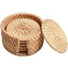 Todikaper Set di sottobicchieri in vimini naturale, sottopentola in paglia intrecciata a mano, portabicchieri rotondi, resistenti al calore, con ripiano portaoggetti, confezione da 6