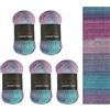 Wollbiene Summer Touch Batik, 5 gomitoli di lana da 100 g, multicolore con gradiente, 500 g di lana mercerizzata in microfibra acrilica (507 turchese viola)