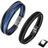 Aroncent 2PCS Bracciale da Uomo in Pelle Intrecciata, Bracciale con Chiusura Magnetica in Acciaio Inox, Nero Blu Argento