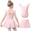 Kefiyis Body da danza per ragazze, con maniche svolazzanti, in cotone, con gonna rimovibile, vestito da ballerina per 3-11 anni, rosa, 130
