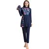 Odizli Burkini Donna Musulmana Maniche Lunghe Cerniera Fiori Maglietta da Bagno+Pantaloni da Nuoto+Cuffia da Bagno 3pz Corpo Intero Islamico Modesto Costumi da Bagno, Blu scuro, L