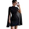 Generic Mini abito da donna glitterato con maniche a mantello, collo alto, sexy, cocktail party, uscite, matrimoni, ospiti, serate, discoteca, notte, occasioni casual, Nero , XL