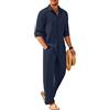 COOFANDY Set da uomo in lino da 2 pezzi, camicia cubana a maniche lunghe con bottoni e pantaloni, set estivo da spiaggia, Blu navy, Medium