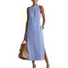 Vasreyy Vestito Da Lungo Smanicato In Cotone E Lino Con Inserto Pizzo Dritta Collo