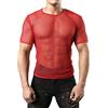 JOGAL - Camicia da uomo a maniche corte, in rete, trasparente, Colore: rosso, S