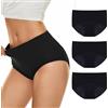 Hellomamma Mutande Mestruali Donna e Ragazza: Slip Ciclo Vita Alta in Cotone Assorbenti Anti-Perdite a 4 Strati per capacità 30ml Lavabili e Traspiranti per Post Parto incontinenza 3 Pack Nero L