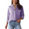 Panegy Camicetta da donna a maniche lunghe con righe, elegante con scollo a V, stile camicia button-down, tunica elegante, camicia da ufficio, lavoro, in cotone, camicia casual e basica, Lilla, M