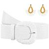 Giomos Cintura elastica in paglia intrecciata da donna, in rafia intrecciata, stile bohémien, per abiti estivi, Fibbia ad anello a D - bianco - con orecchini, M: Fit waist size up to 35
