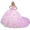 Fuomomo Abiti da Quinceanera con Farfalle 3D e Strascico Abiti da Ballo in Tulle Scintillante con Spalle Scoperte e Abiti da 16 Anni MT070