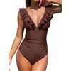 CUPSHE Costume intero da donna con volant e scollo a V con lacci, Marrone cioccolato, S