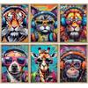 WYHLMTQ 6 stampe artistiche da parete colorate con animali graffiti su tela, con auricolari, leone, tigre, gatto, cane, oranghi, giraffa, quadri stravaganti, decorazione da parete per adolescenti, ragazzi,