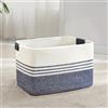 MYHOMMATTO Grande cesto per biancheria intrecciato in corda di cotone, 60L, con manici in cuoio, per coperte, vestiti, giocattoli, per lavanderia, camera bambini o soggiorno, 53x38x29 cm, bianco e blu