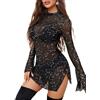Avidlove Mini abiti da donna in rete con maniche a campana aderente a collo alto diviso lingerie abito per vacanze abiti da discoteca, Glitter nero., XL