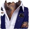 Hi-Tie - Set di cravatta ascot da annodare, spilla a forma di fiore, fazzoletto da taschino e gemelli, da uomo, in seta, per festa di nozze, Medium