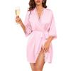 Wiepux Accappatoio Donna Leggero Pizzo Kimono Donna Scollo a V Confortevole Pigiama Raso Vestaglia Sexy Camicia da Notte Satin Corta Maniche a 3/4 per Matrimonio SPA Casa Notte (Rosa, XXL)