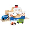 goki 53766 - Traghetto auto gokiLINE in legno con manovella e 3 veicoli, traghetto giocattolo con auto, set da gioco per auto