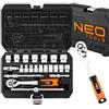 NEO TOOLS Set di chiavi a bussola universale, 22 pezzi, con cricchetto da 3/8, inserti esagonali da 6 a 22 mm, estensioni con impugnatura a T e giunto per officina, garage e riparazioni CrV in