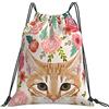 Generic Personalizzato Borsa Coulisse Spring Flower Cute Tabby Cat Lady Sacco Sportive Unisex Zaino Palestras per All'Aperto Festival Spiaggia 36X42Cm