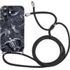 Foonary Pizzo Cover con Cordino per iPhone 17 6.3, Custodia con Aesthetic Lace Fiore Estivi Motivo Laccio Collana Tracolla, Silicone Necklace Regolabile Corda Phone Case, Nero