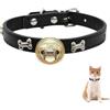 LuckyOpt Collare per gatti in pelle PU con campana, grazioso collare per gatti con fibbia in metallo, regolabile da 24 a 32 cm, con motivo osseo, accessorio quotidiano (nero)