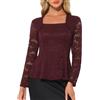 Allegra K Donna Blusa Pizzo Scollo Quadrato Maniche Lunghe con Peplum | Pizzo Floreale Elastico Elegante da Sera Primavera Autunno Rosso L