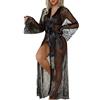 OhMill Abito estivo da donna, seducente, sexy, in pizzo, traslucido, camicia da notte erotica, vestaglia trasparente con cintura in raso in tulle, Nero , Taglia unica