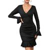 AOWVUTS Vestito Donna Maniche Lunghe Sexy Mini Abito da Sera Profondo Scollo a V Vestito Corto Orlo a Volant Bodycon Elegante Abiti a Pieghe Aderente Curvy per Cocktail Festa Discoteca Party