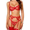 RSLOVE Set di lingerie da donna, sexy, reggiseno con ferretto e mutandine, 3 pezzi, con reggicalze, rosso, M