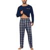 Litherday Pigiama Uomo Invernale Cotone Girocollo Henley Quadri Casa Lungo | Cotone elastan, maglia girocollo con taschino, pantaloni a quadri, tasche e coulisse per casa