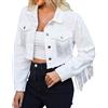 Generic Giacca corta in denim da donna con frange e nappine, cappotto in jeans, giacca corta casual stile trucker, capospalla vintage con finiture sfrangiate, bianca, taglia XS