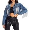 Generic Giacca corta in denim da donna con frange e nappine, cappotto in jeans casual corto stile trucker, capospalla vintage con finiture sfrangiate