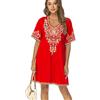 drakloak Vestito Bohemian del Ricamo delle Donne Boho Messicano Contadino Abito Scollo a V Abito di Vacanza Hippie Bohemian Abiti Manica Corta Abito Casual con Fiori Ricamati（445 Rosso L）