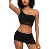 SHEKINI Set bikini asimmetrico da donna, a spalla, con volant, in rete, con gonna a maniche corte, in due pezzi