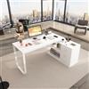 PREMTURE Scrivania angolare con 3 cassetti e 105 cm di lunghezza, tavolo da lavoro con ripiani regolabili, bianco, MDF + metallo, 140 x 105 x 75 cm