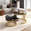 MSMOK Tavolino rotondo 2 in 1 in MDF, tavolino con piano in marmo e cassetti in rattan sintetico, piedini in ferro dorato, manici in legno massiccio, 70 x 70 x 45,5 + 50 x 50 x 38,5 cm (nero + oro)