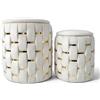 cecaro group Set 2 Pouf Contenitore in Velluto con Fasce Oro - Pouf Rotondi Design Intrecciato con Coperchio - Seduta Imbottita Salvaspazio per Camera, Salotto e Ingresso (Bianco)