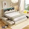 YubNct Letto con 4 Cassetti 160x200 cm, Velluto Beige con LED & TYPE-C, Testiera con 2 Ripiani, Salvaspazio, Giroletto Matrimoniale Robusto, Senza Materasso
