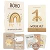 WELTWERK Biglietti miliari Baby [Boho] 60 biglietti mensili con retro scrivibile, confezione regalo e supporto in legno, regalo per gravidanza, baby shower e nascita