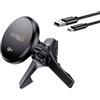 Technaxx TX-323, caricabatterie magnetico da auto da 15 W, caricabatteria da auto con supporto Qi2, supporto per telefono con un anello metallico per la bocchetta d'aria, cavo da USB-A a USB-C