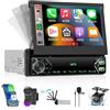Hodozzy 1 DIN Autoradio con Senza Fili Carplay Android Auto, 7 Pollici Touch Screen Radio Bluetooth Schermo Ribaltabile Stereo Auto 1 Din con Mirror Link FM EQ Tipo C/USB+Comandi Volante Telecamera
