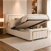 BSCFHCZ Letto Imbottito 90x200 con Contenitore, Letto Singolo in Velluto Beige con Rete a Doghe e Sollevamento Idraulico, Giroletto Moderno Lusso con Dettagli Dorati e Testiera Alta, Nessun materasso