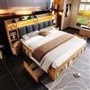 Henjda Letto in legno da 180 x 200 cm, telaio del letto imbottito, funzionale con cassetti e vano portaoggetti, testiera imbottita con LED, comodini con USB e tipo C, letto portaoggetti, colore rovere, senza