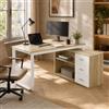 PREMTURE Scrivania a forma di L per computer con 3 cassetti e mensole per ufficio, studio, scrivania angolare, tavolo da lavoro, tavolo da ufficio, 130 x 105 x 75 cm, colore legno MDF