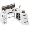 RALGEND Scrivania Angolare con 3 Cassetti e Prese di Corrente | Forma Compatta a L con Supporto Monitor e Spazio di Archiviazione per Ufficio, Bianco