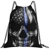 Generic Unisex Zaino Coulisse Blue Line Police Skull Sacca Sportiva Poliestere Zaino Scuola per Donna Piscina Nuoto 36X42Cm