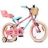sun baby Bicicletta Bambini 16 Pollici LOVEL, Bambina 4-6 Anni, Max 50 kg - sedile per bambola, rotine laterali, cestino, campanello, copricatena - Rosa-Menta
