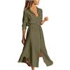 Generic Abito Donna Elegante - Vestito Chemisier Donna in Cotone Lino Tinta Unita, Abito Camicia Lungo con Bottoni, Colletto Risvolto, Coulisse Vita, Maniche Lunghe Casual Estivo