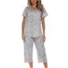 MIA LUCCE - Pigiama da donna, in due pezzi, estivo, in cotone, notte, casa, capri, maniche corte, top e pantaloni 3/4, taglie S-XXL, gatto grigio, M