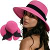DRESHOW Cappelli da Sole per Donna Fedora da Viaggio Pieghevole da Spiaggia Cappello da Sole Sstivo a Tesa Larga in Paglia con Fiocco UPF 50+