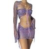 ORANDESIGNE Gonna Set in Maglia di Donne in Paillettes 2 Pezzi Scintillanti Scava Fuori Manica Lunga Crop Top Mini Abiti Sexy Y2K Gonna Copricostume da Spiaggia A Viola XS